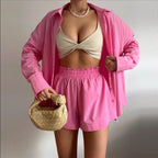 Spring Summer Solid Color Single Breasted Long-Sleeve Collared Shirt Shorts Loose Casual Two-Piece Set