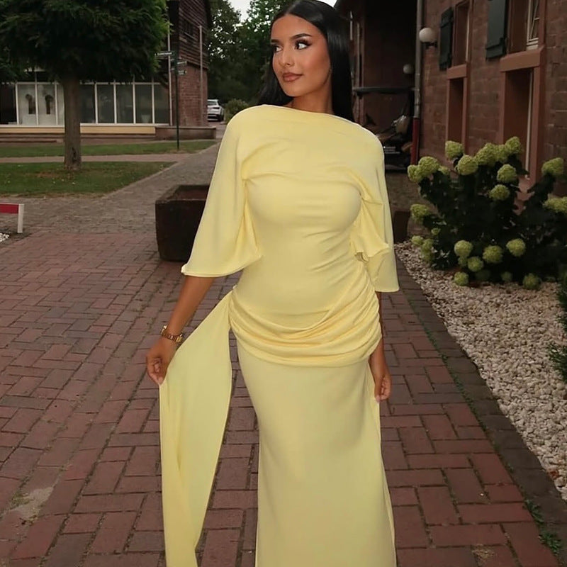 Backless Pleated Loose Hip Dress off Neck Lace up Split Maxi Dress