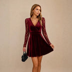 Women's Burgundy Velvet Lace-Detail Dress