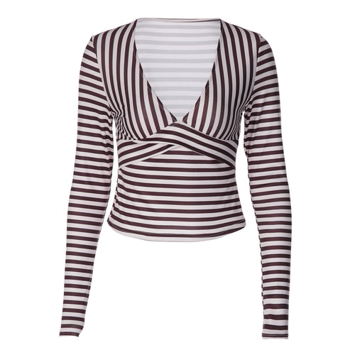 Women's Long Sleeve Striped V-Neck Short Top Slim Knitted T-Shirt