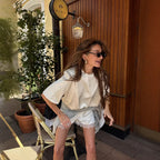 Spring Summer Glossy round Neck Loose Pullover Short Sleeved T shirt Women Lace Stitching Shorts Set