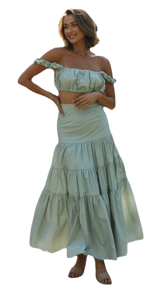 Women's Solid Color Suspender Half-Length Top and Skirt Two-Piece Set