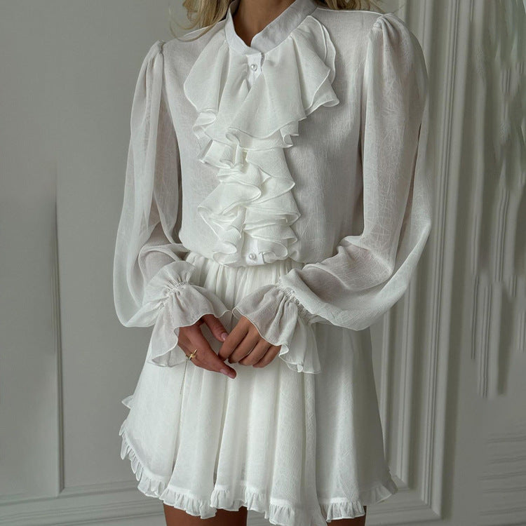 Short Dress Ruffled Stand Collar Long Sleeve