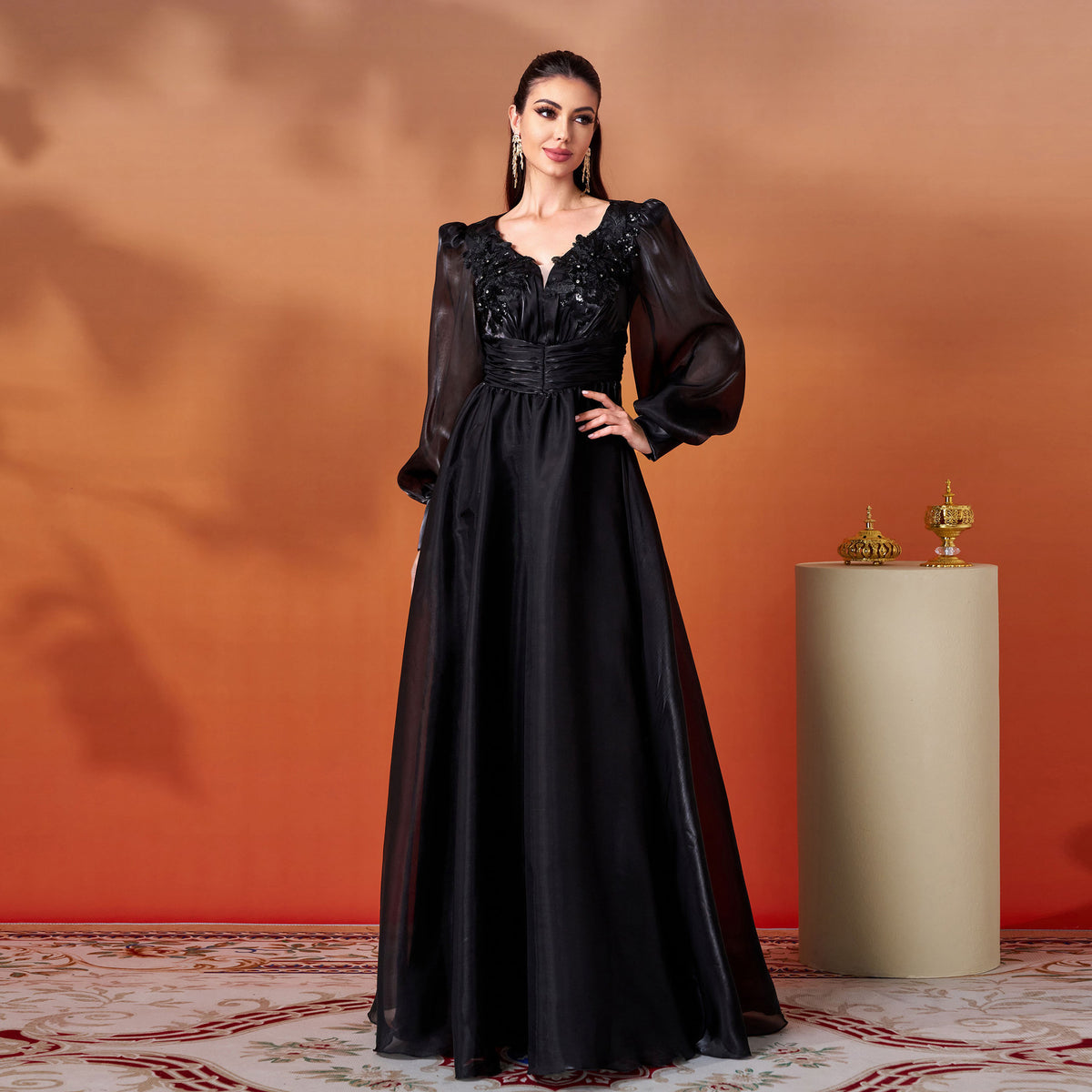 V-Neck Lace-Embellished Evening Dress