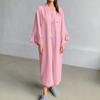 Autumn Pink Cotton Cardigan Lace up Nightgown Loose Comfortable Long Sleeve Long Women Homewear