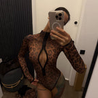 Leopard Print Stand Collar Bodysuit for Women