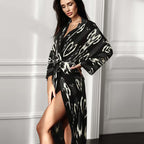 Fall Long Loose Casual Homewear Artificial Silk Printed Cardigan Ladies Robe