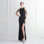 Women's Embellished Micro Glass Bead Beaded Cocktail Evening Dress Elegant Long