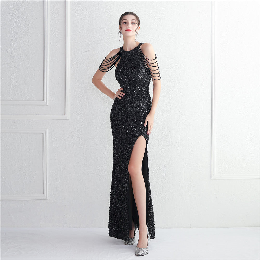 Women's Embellished Micro Glass Bead Beaded Cocktail Evening Dress Elegant Long