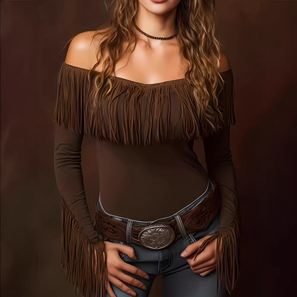 Women's Spring Autumn Women Clothing Tassel Top Long Sleeve Retro Tight Sexy