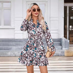 Autumn Winter Print Button Long-Sleeve Dress