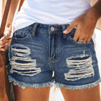 High-waist blue denim shorts with distressed rips, button fly, and frayed raw hem
