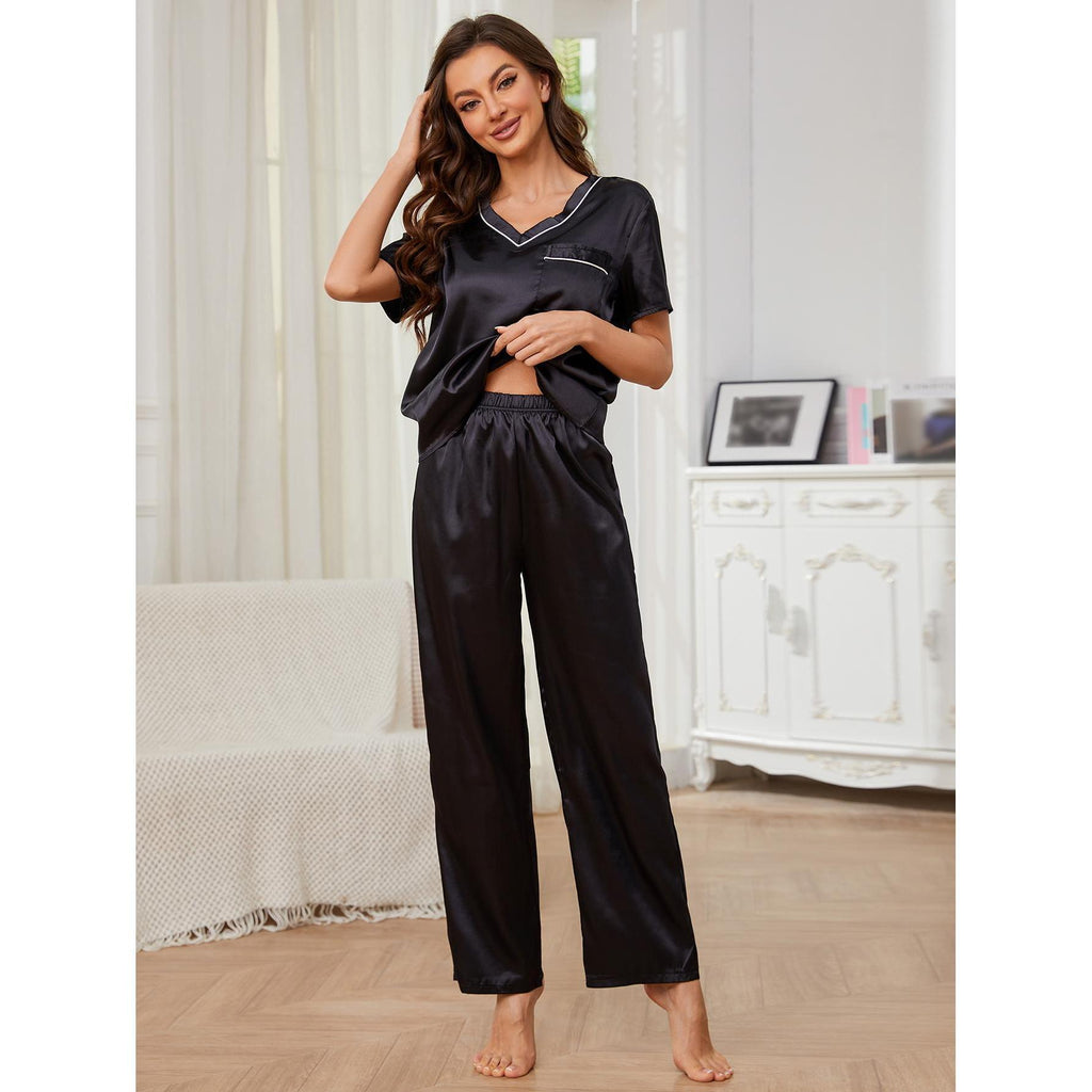 Women Spring Autumn Casual V neck Short Sleeved Trousers Home Wear Set