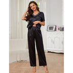 Women Spring Autumn Casual V neck Short Sleeved Trousers Home Wear Set