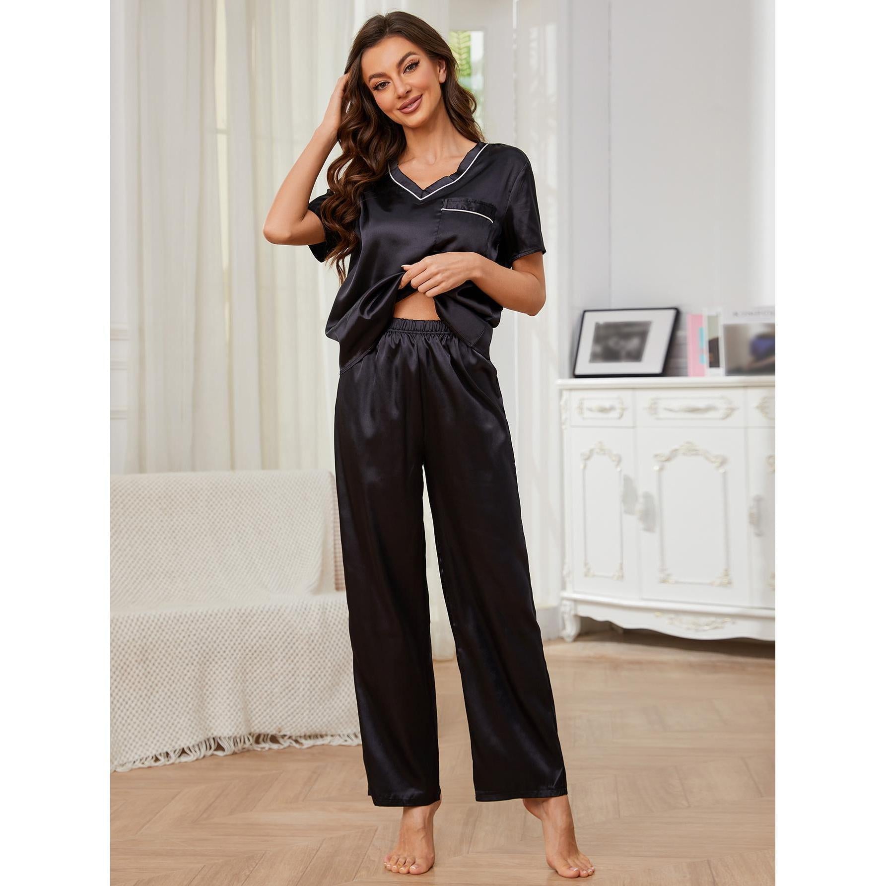 Women Spring Autumn Casual V neck Short Sleeved Trousers Home Wear Set