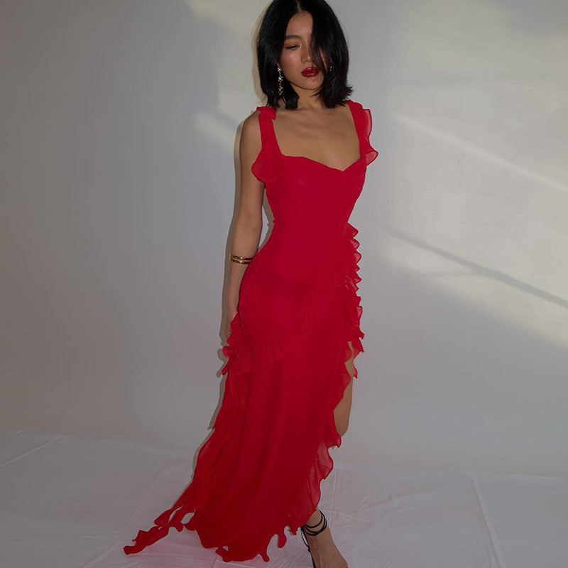 Spring Slim Fit High Slit Ribbon Cami Dress For