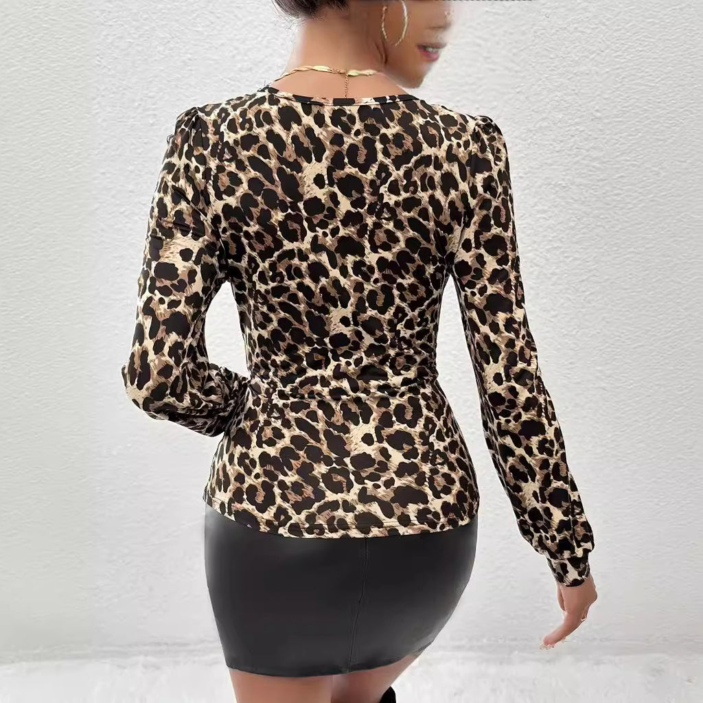 Women's Autumn Winter Leopard Print Lace Stitching Collar Pleated T Shirt Top For Women
