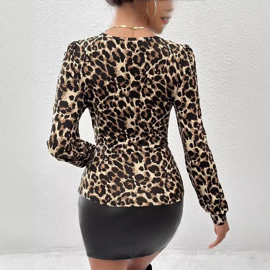 Women's Autumn Winter Leopard Print Lace Stitching Collar Pleated T Shirt Top For Women
