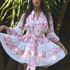 Women's French Bohemian Vacation Spring V Neck Bell Sleeve Embroidered Printed Tied Dress Women