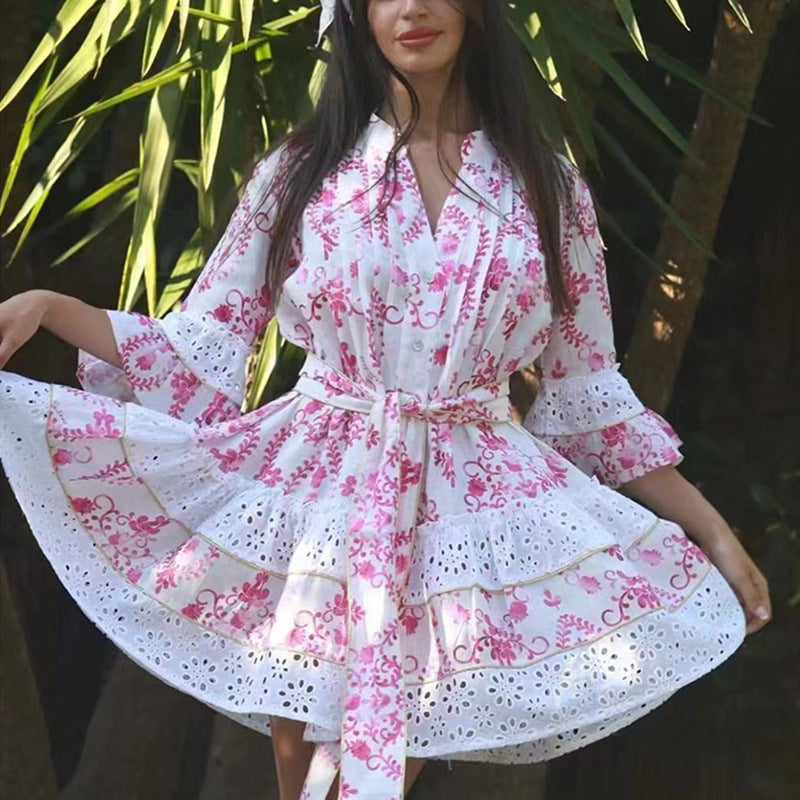 Women's French Bohemian Vacation Spring V Neck Bell Sleeve Embroidered Printed Tied Dress Women