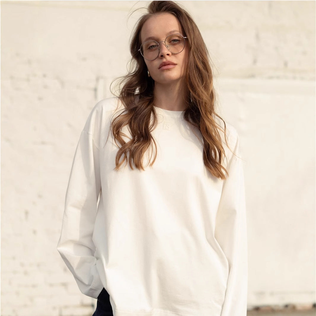 Women's Color Long Sleeved T-Shirt Loose Cotton Crew Neck Basic