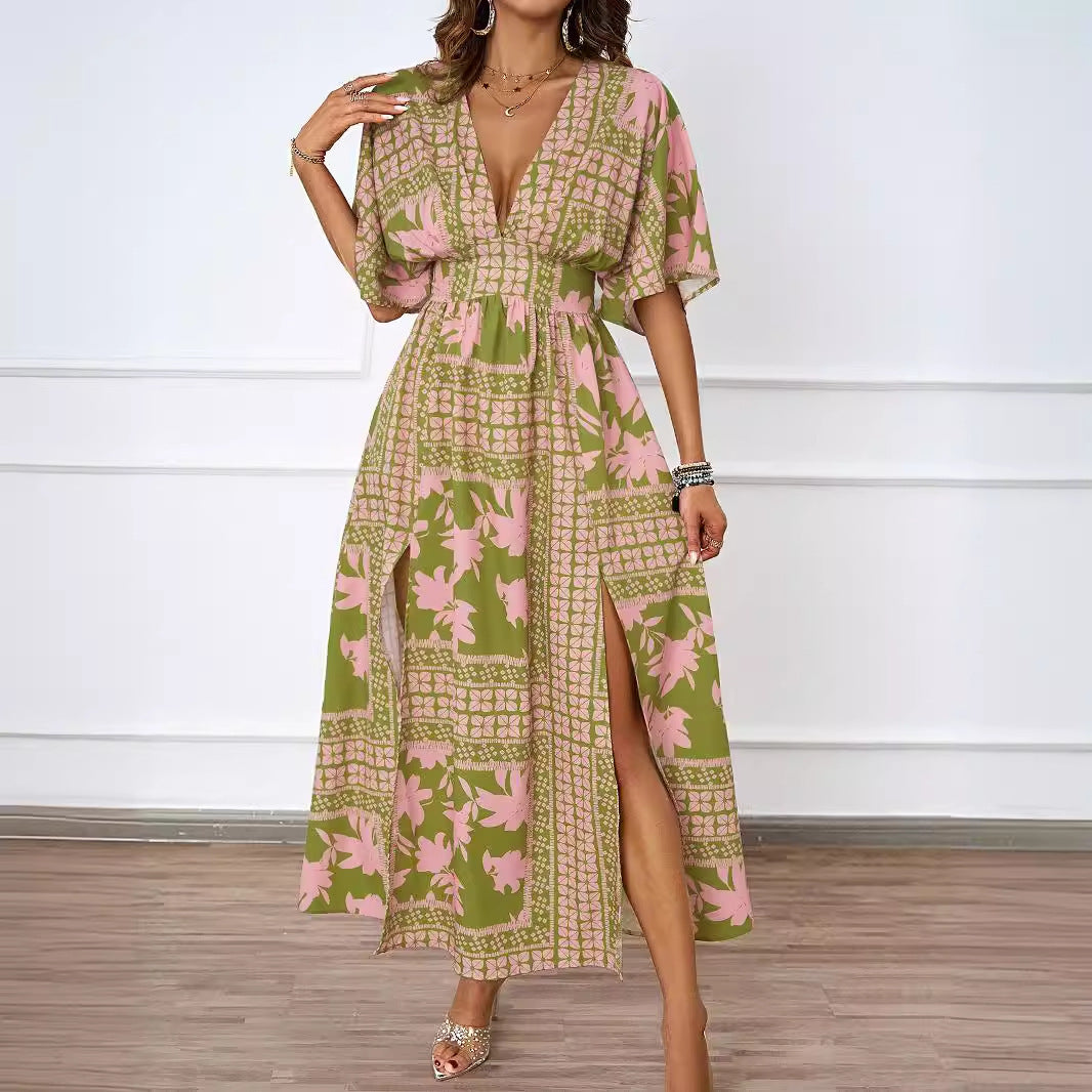Women's V-Neck Floral Smocked Butterfly-Sleeve Maxi Dress