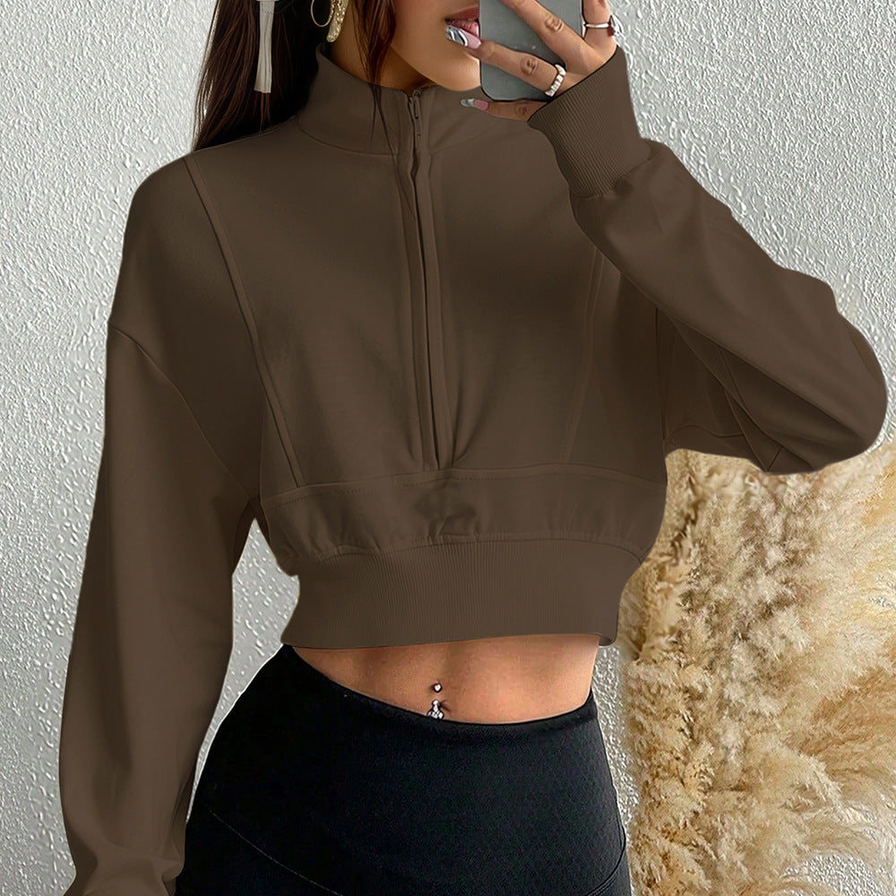 Women's Autumn Winter Wild Brown Short Sweater Women Stand Collar Zipper Retro Loose Casual Sports Top