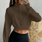 Women's Autumn Winter Wild Brown Short Sweater Women Stand Collar Zipper Retro Loose Casual Sports Top