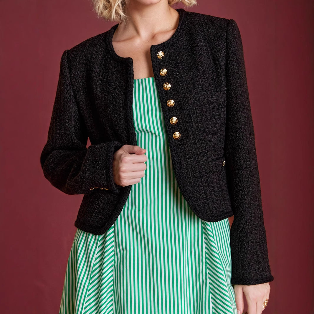 's Round Neck Long Sleeve Classic Tweed With Classic Metal Buckle