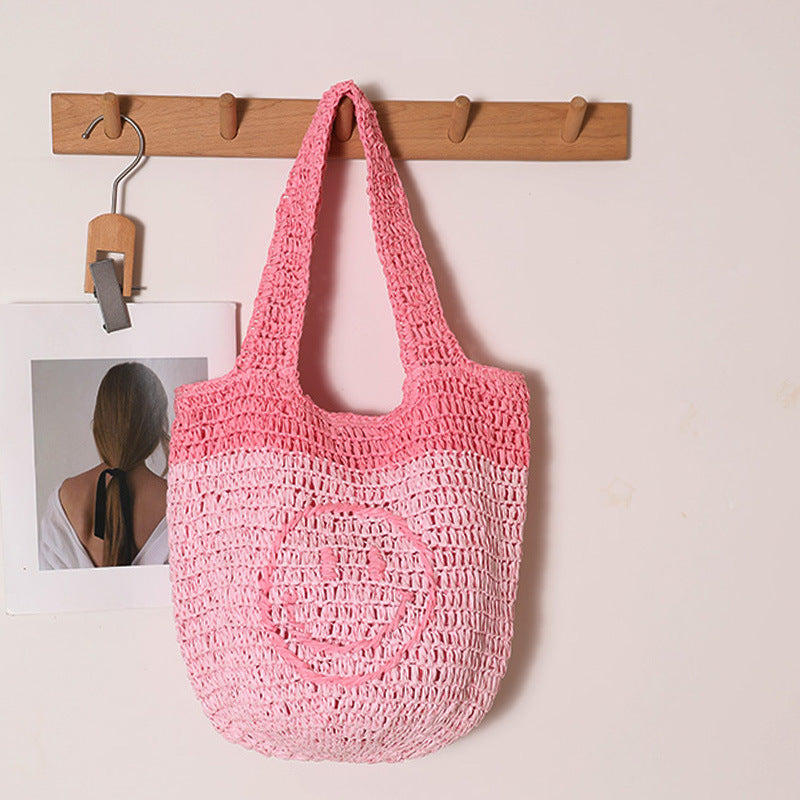Gradient Color Smiley Face Shoulder Straw Bag Large Capacity Straw Bag