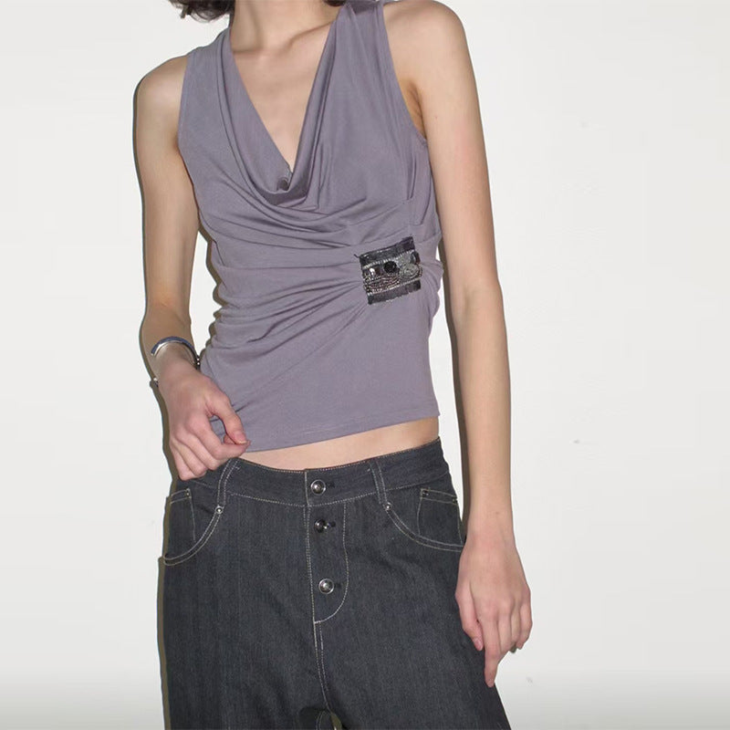Women's Pleated Cowl Neck Sleeveless Top