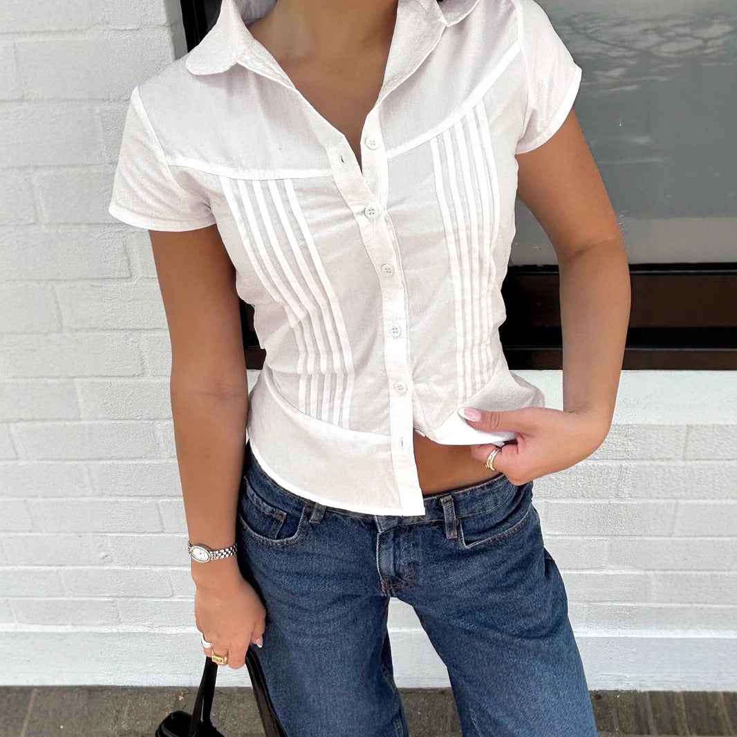 Women's Trimming Shirt Trend Wear Fresh Solid Color Short Sleeve