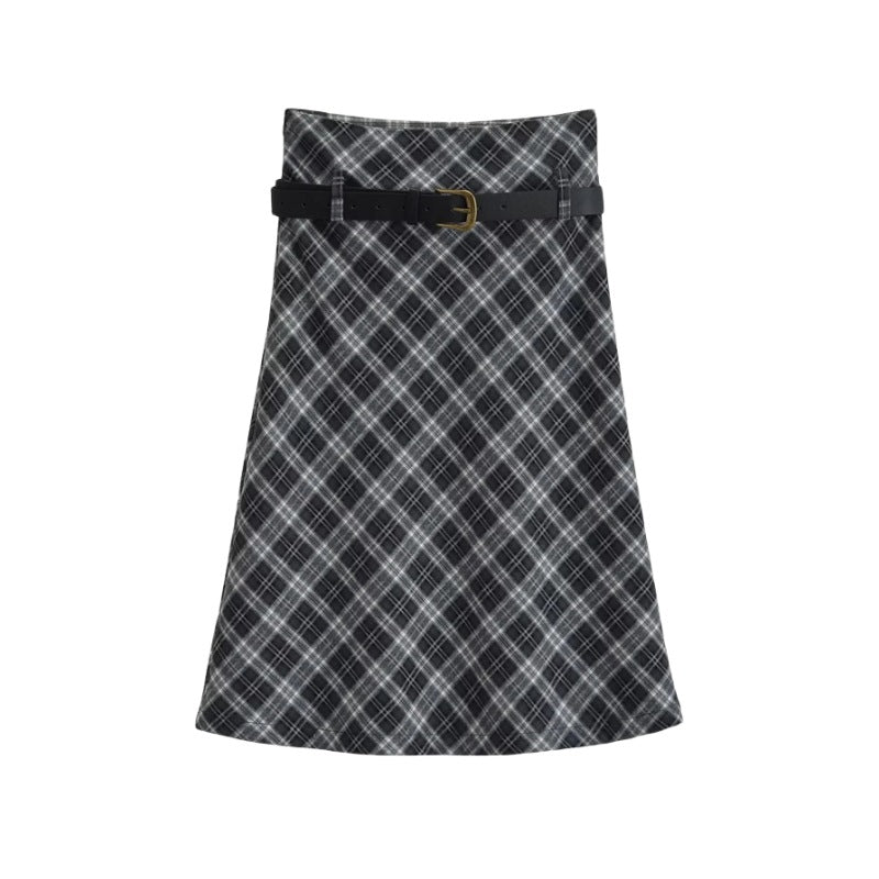 Retro High Waist With Belt Twill Brushed Plaid Autumn Skirt