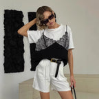 Women's Sexy Women Clothing Lace Stitching Loose Basic Round Neck Short Sleeve T Shirt
