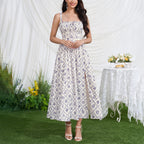 Blue and white lace backless midi dress with square neckline and side slit
