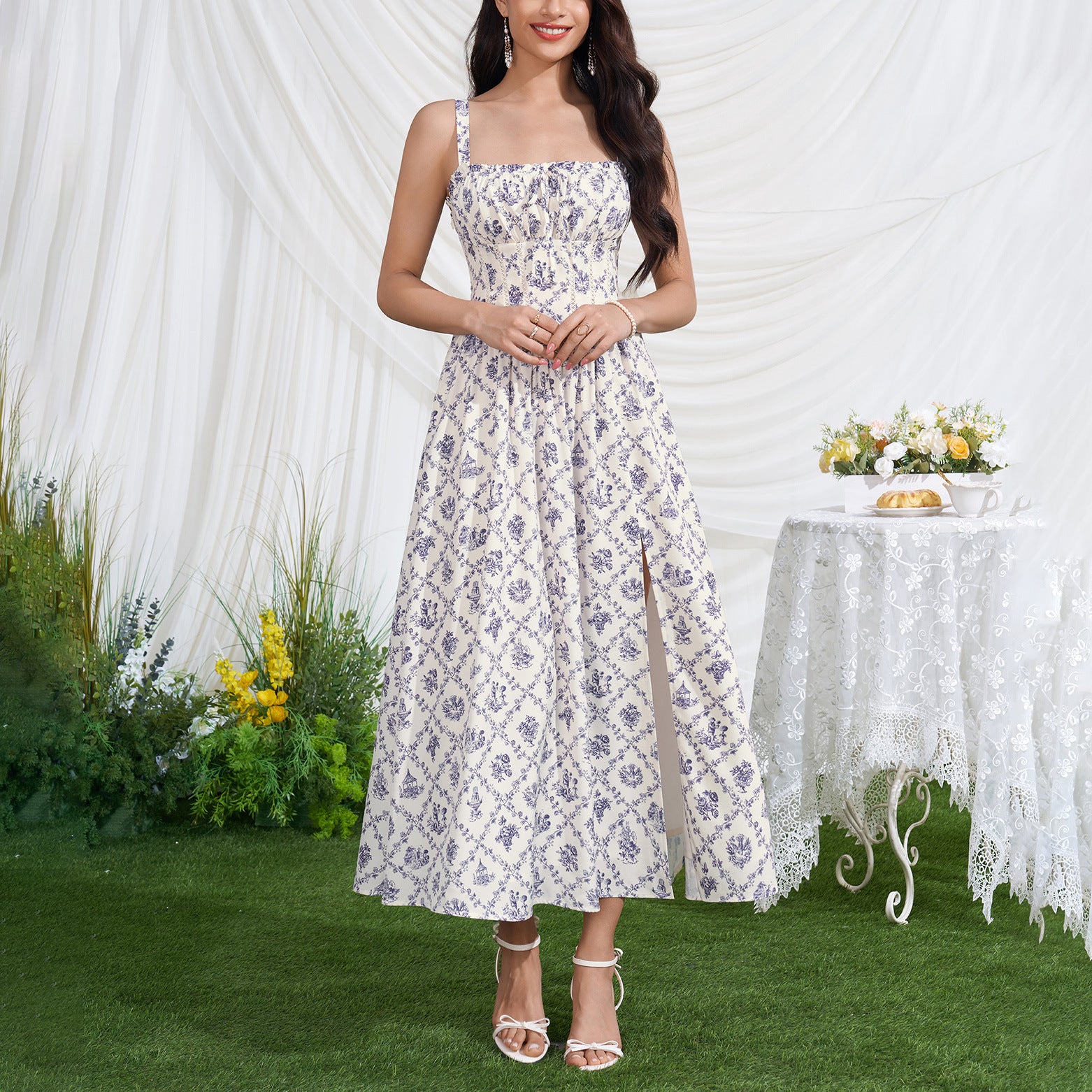 Blue and white lace backless midi dress with square neckline and side slit