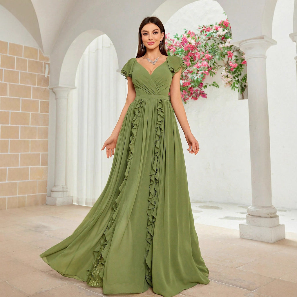 Women's Elegant Ball Dress Fall High End Ruffled Maxi Dress V Neck Dress