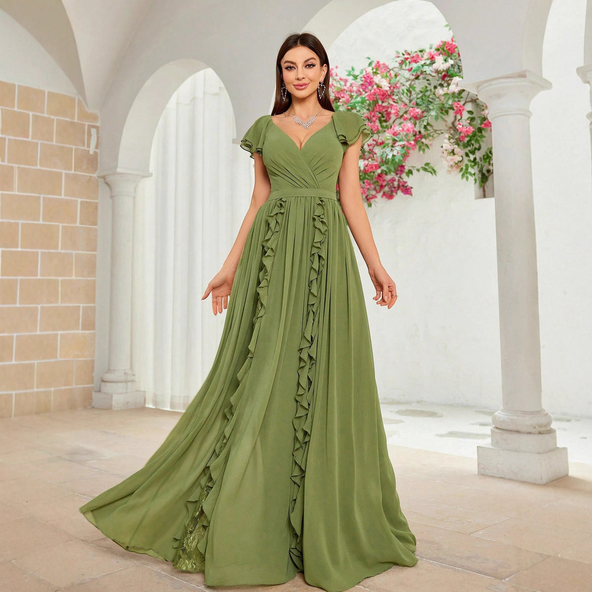 Women's Elegant Ball Dress Fall High End Ruffled Maxi Dress V Neck Dress
