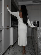 Crew-Neck Long-Sleeve Split Knit Bodycon Maxi Dress