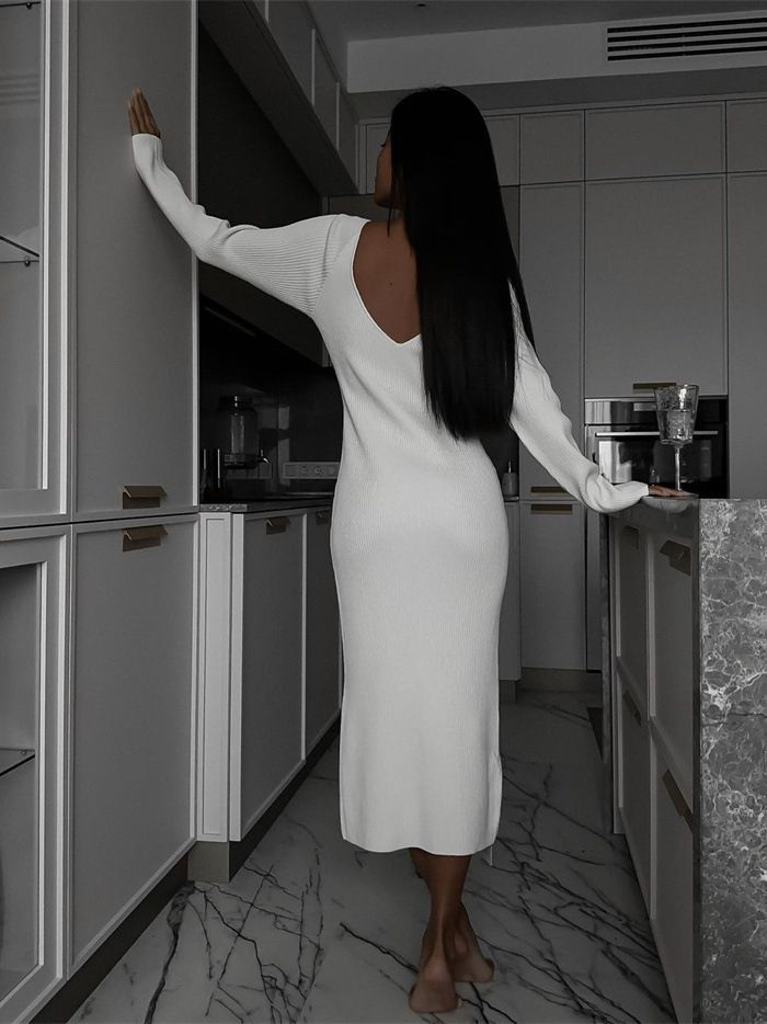 Crew-Neck Long-Sleeve Split Knit Bodycon Maxi Dress