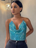 Women's Chain Strap Sequin Halter Crop Top