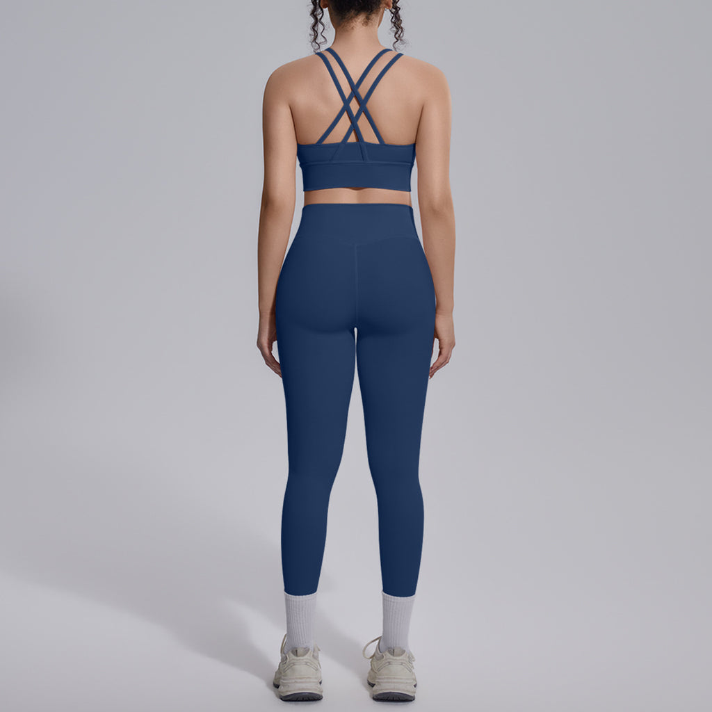 Nude Feel Solid Color Sexy Cross Shoulder Strap Beauty Back Exercise Trousers Running Fitness Pants Yoga Set