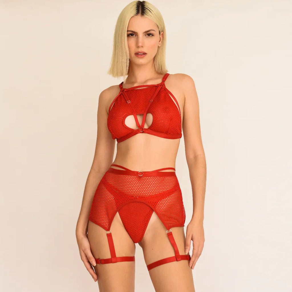 Women Clothing Mesh Cutout Cute Girl Three Piece Set