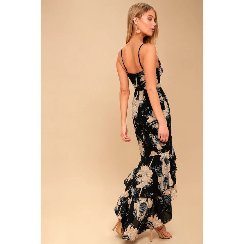 Women Spring Summer New Black White Floral Print High Waist Backless Strap Dress