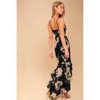 Women Spring Summer New Black White Floral Print High Waist Backless Strap Dress
