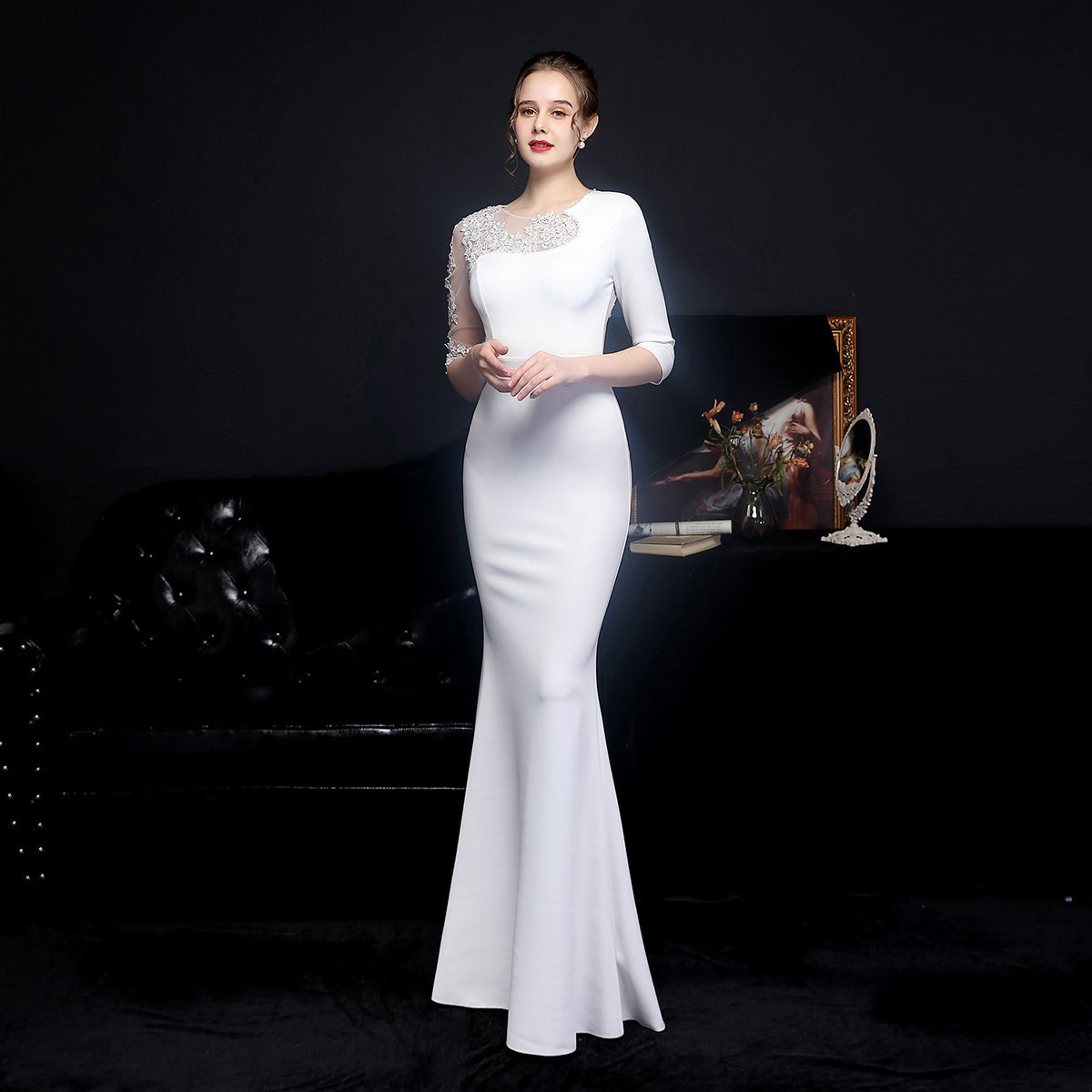 Women's Diamond Bridal Long Sleeve Dinner Fishtail Evening Dress Formal Gown