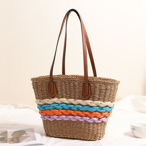 Women's Rainbow Stripe Straw Shoulder Bag