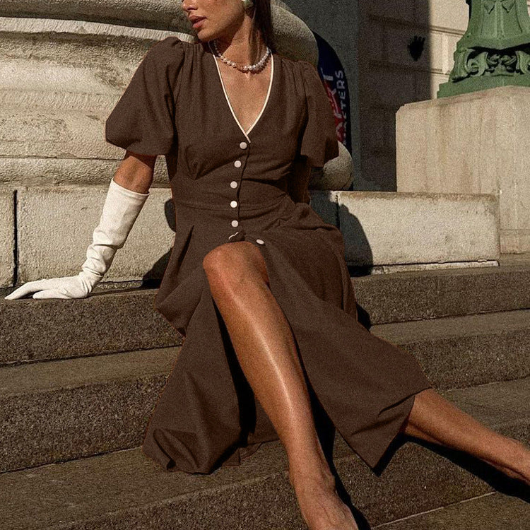 Women's V-Neck Button Ruched Puff-Sleeve A-Line Maxi Dress