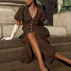 Women's V-Neck Button Ruched Puff-Sleeve A-Line Maxi Dress