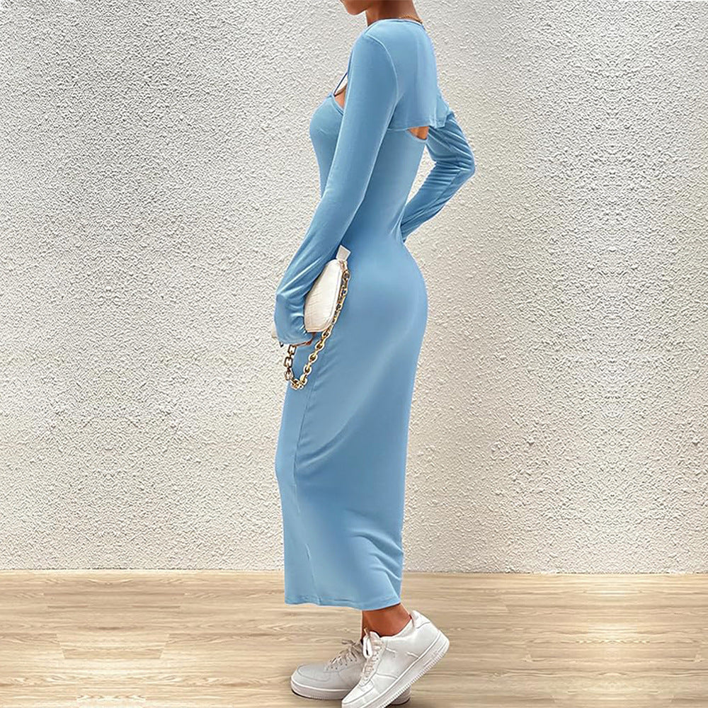 Women's Light Blue Elegant Suit Shawl Dress Two Piece Set